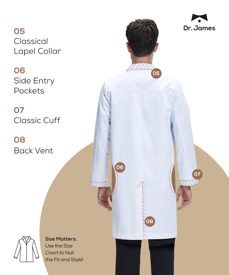 DR. JAMES معطف مختبر متميز للجنسين من د. جيمس للرجال والنساء، جيوب للهاتف والتابلت، تصميم كلاسيكي، إغلاق بخطاف مخفي، بطول 39 بوصة (S (رجال S / نساء M)) - Image 3